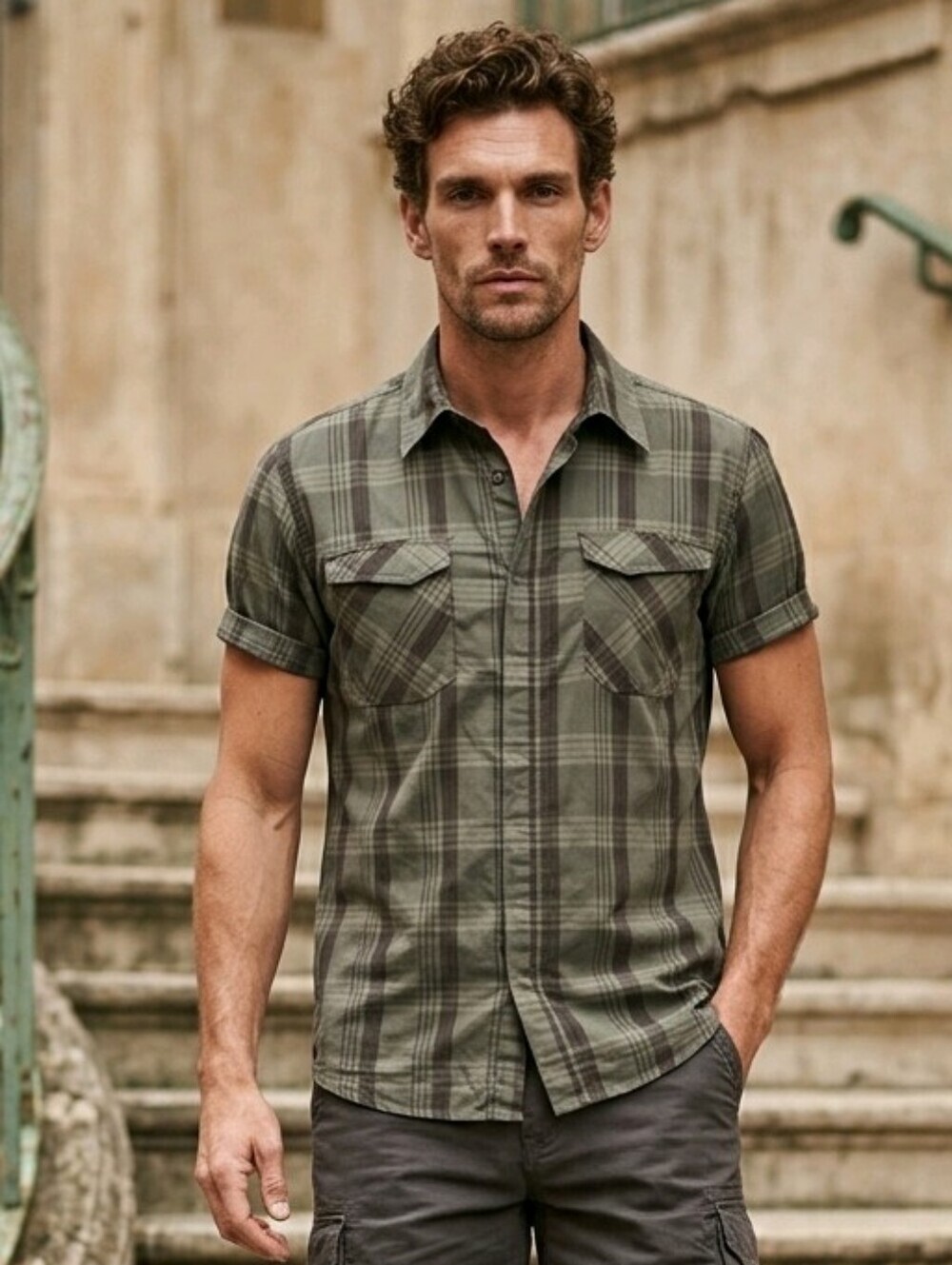 Alpine Design olive green plaid short sleeve shirt Sz L snaps 2 pockets in front